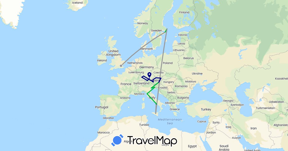 TravelMap itinerary: driving, bus, plane in Austria, Germany, United Kingdom, Italy, Sweden (Europe)